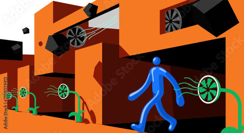 Blue humanoid character walking past orange geometric buildings with fans