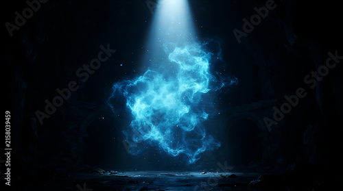 Digital abstract light beam forming a glowing cloud shape with blue neon effect