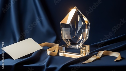 Minimal Crystal Award Photography with Navy Silk and Warm Golden Light