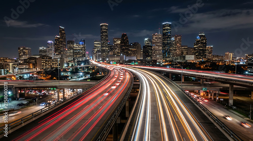 City night highway with traffic lights and skyline background