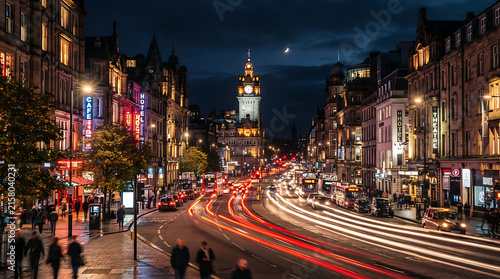 City street at night with colorful light trails from passing cars and illuminated buildings