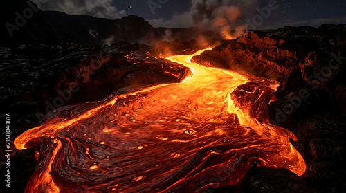 Molten lava flow glowing orange red in volcanic landscape
