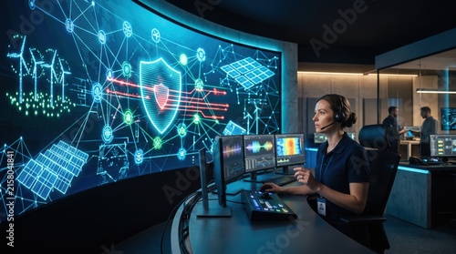Female Engineer Monitoring Smart Energy Grid Security in Control Room