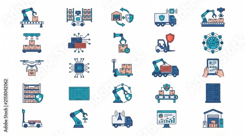 Logistics and Smart Warehouse Automation Icon Collection Grid with Modern Technology Symbols