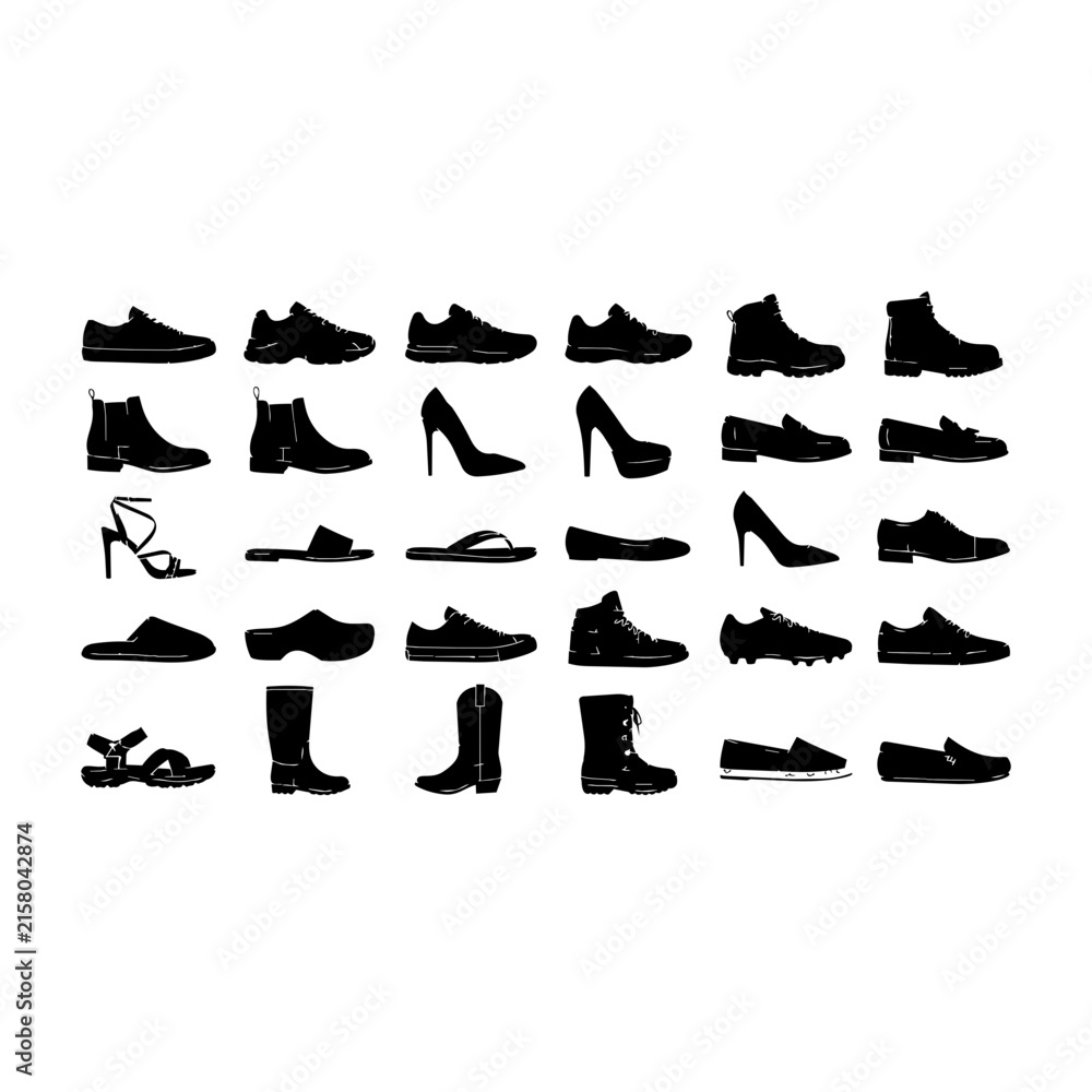 Fototapeta premium Comprehensive vector set of shoe silhouettes featuring footwear varieties from sneakers to high heels, footwear