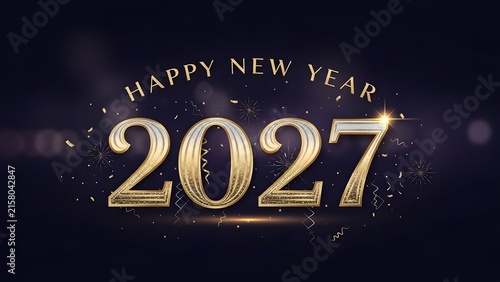 Happy New Year 2027 gold text with sparkling confetti on a dark luxury background