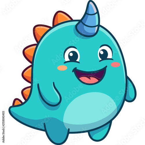 Adorable turquoise dinosaur cartoon character with a blue horn and orange spikes on its back, smiling friendly monster illustration