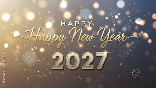 Happy New Year 2027 greeting card with gold glitter text and festive bokeh light background