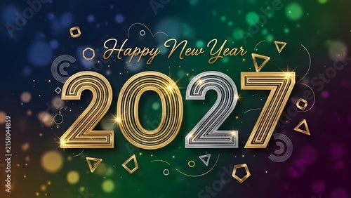 Happy New Year 2027 greeting card with gold and silver glitter typography design