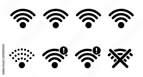 Wifi signal strength status indicator icons black graphic collection for wireless network connection connectivity web.