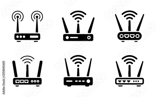 Bild auf Leinwand Professional black wireless router icons featuring port designs for advanced computer network infrastructure