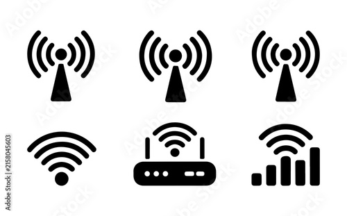 Foto Collection of black network communication icons including signal towers and wireless internet router symbols