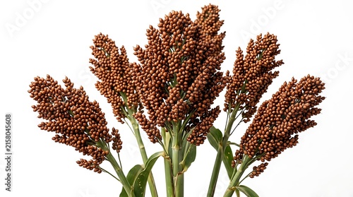 Ripe brown sorghum seed heads on stalks isolated on white background
