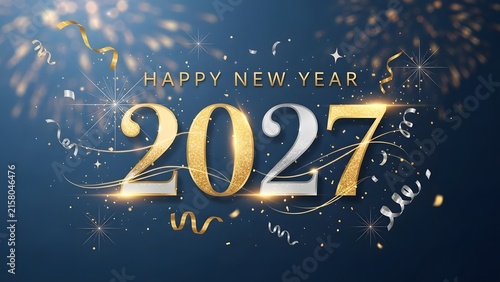 Happy New Year 2027 greeting card with gold and silver glitter typography on blue background
