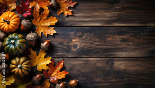 Autumn leaves in vibrant red, orange and yellow arranged on a rustic wooden table, seasonal fall foliage still life with colorful maple leaves and natural wood background
