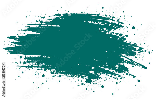 Teal green paint splatter banner with grunge brush stroke texture, hand painted spray on white background
