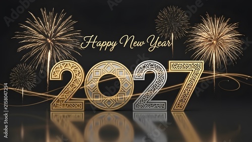 Golden 2027 Happy New Year fireworks celebration with sparkling champagne toast background