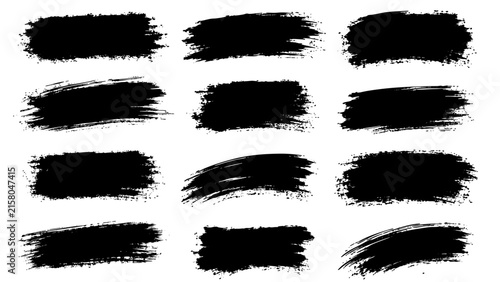 Black paint brush stroke set, grunge ink banner collection with rough texture brushstrokes for text box

