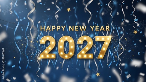 Happy New Year 2027 gold marquee numbers with falling confetti on a dark blue background
