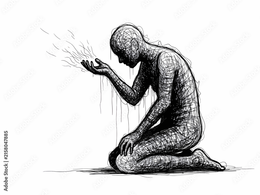 Fototapeta premium A sketch of a kneeling figure with a textured body reaching out with an open hand.