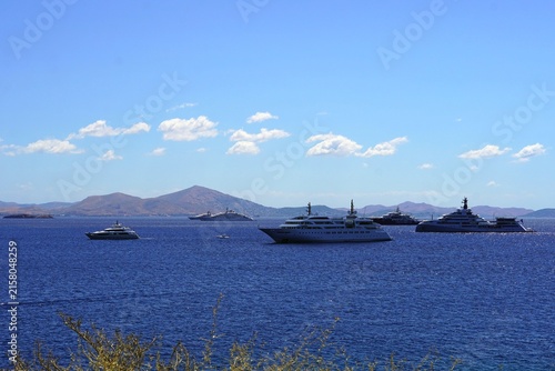Many superyachts, near the coast of Vouliagmeni, in Athens, Greece