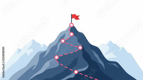 Route to mountain peak with red flag, business goal achievement and success journey concept illustration