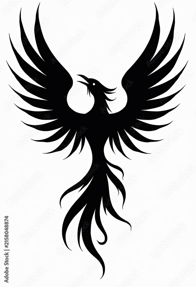 Naklejka premium Black phoenix spreads wings soaring upward in powerful flight silhouette