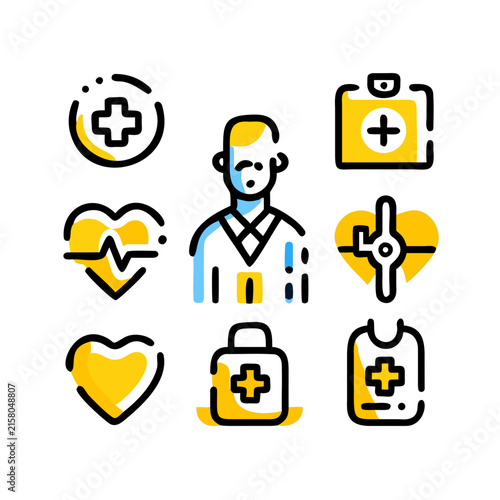 Medical professional icon set with cross symbols, healthcare worker, and first aid vector illustrations for corporate design