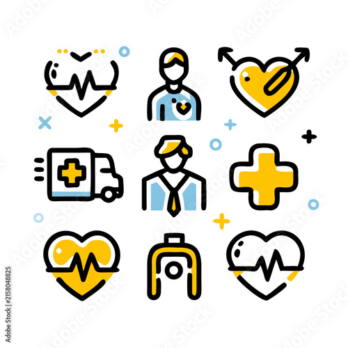 Flat design healthcare icons set with medical symbols and wellness vector illustrations for business