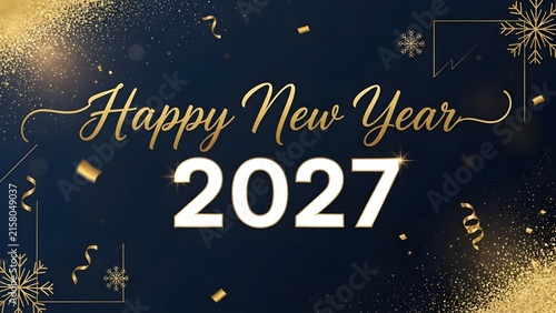 Happy New Year 2027 greeting card with gold glitter confetti on a dark blue background