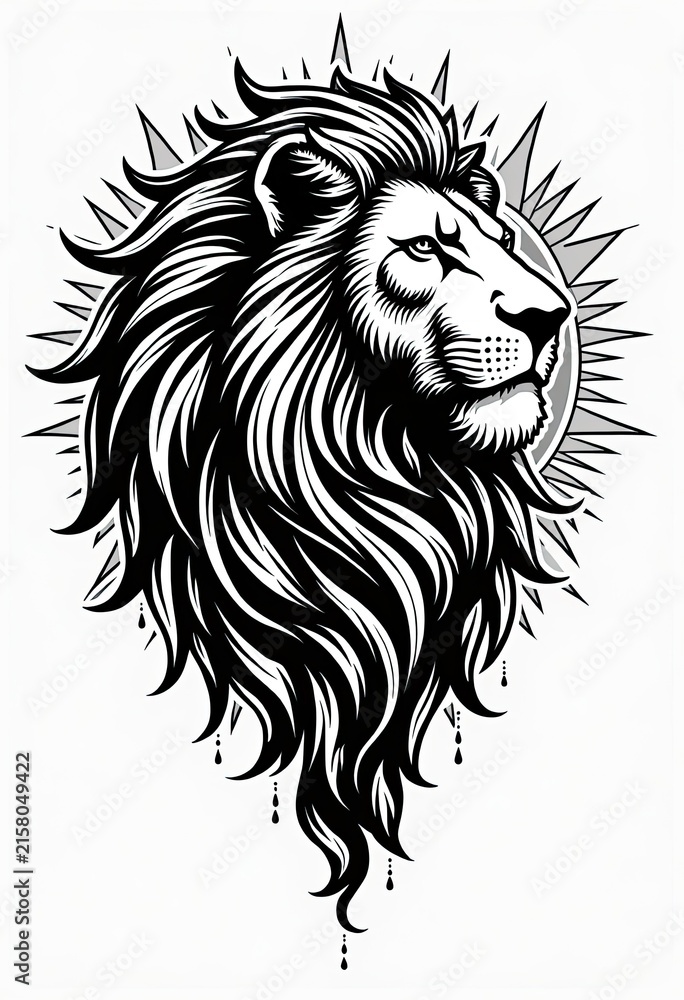 Obraz premium Lion head with flowing mane and sunburst design in bold black and white tattoo style