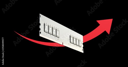 Black artificial intelligence computer ram floating with rising red arrow for hardware price inflation