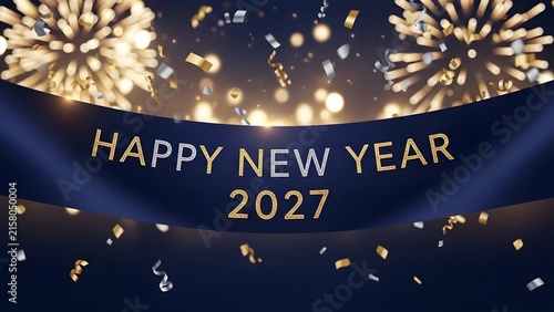 Happy New Year 2027 banner with golden fireworks and falling confetti on dark background