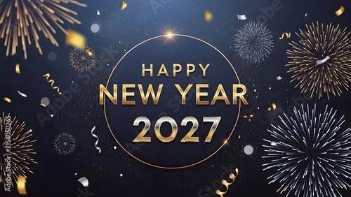 Happy New Year 2027 celebration banner with golden fireworks and midnight countdown backdrop