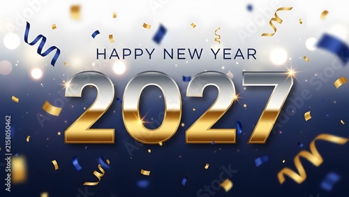 Happy New Year 2027 greeting card with gold and silver numbers and falling confetti