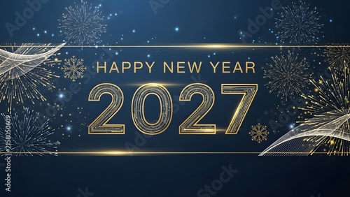 Happy New Year 2027 gold text with festive fireworks on a dark blue background