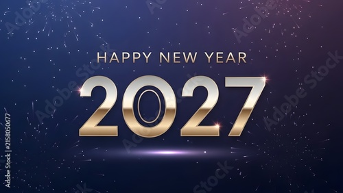 Happy New Year 2027 gold metallic typography on a dark blue background with glitter stars.