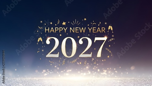 Happy New Year 2027 gold text greeting card with sparkling confetti on dark background.