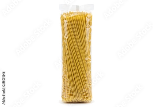 Packaged bundle of dried spaghetti noodles in clear plastic wrap
