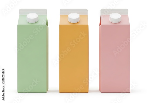 Three differently colored paperboard milk cartons standing side by side