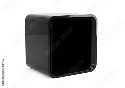 Modern minimalist black cube-shaped electronic device on white background