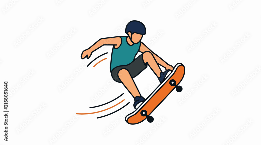 Fototapeta premium Young Male Skater Wearing Safety Helmet Riding Skateboard and Performing Jump Stunt in Flat Minimalist Style