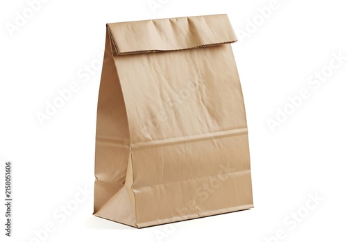 A brown paper lunch bag standing upright against a plain background