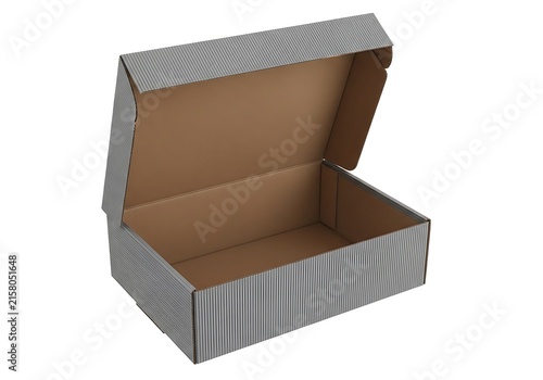 Open cardboard box with corrugated lid and gray exterior