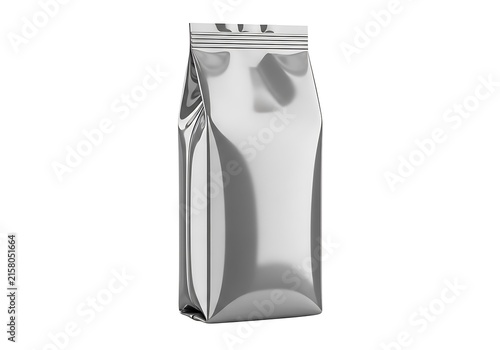 Shiny silver foil pouch standing upright against white background