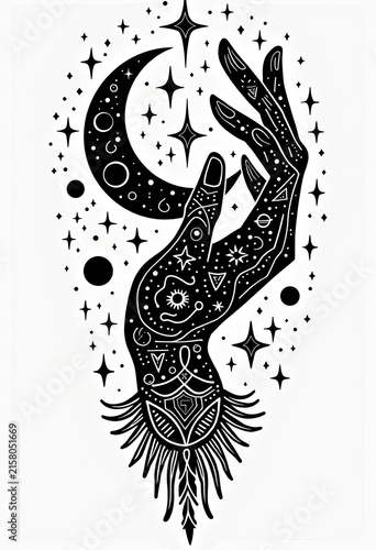 Hand reaching toward crescent moon surrounded by stars and celestial symbols