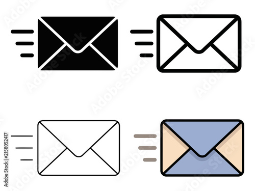 Photography Fast mail delivery icon set in solid, outline, and hand-drawn styles representin