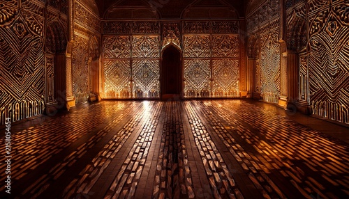 a dimly lit room with intricate light patterns on walls and floor