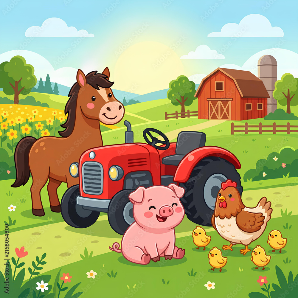 Fototapeta premium Cartoon farm with horse pig chicken and red tractor.