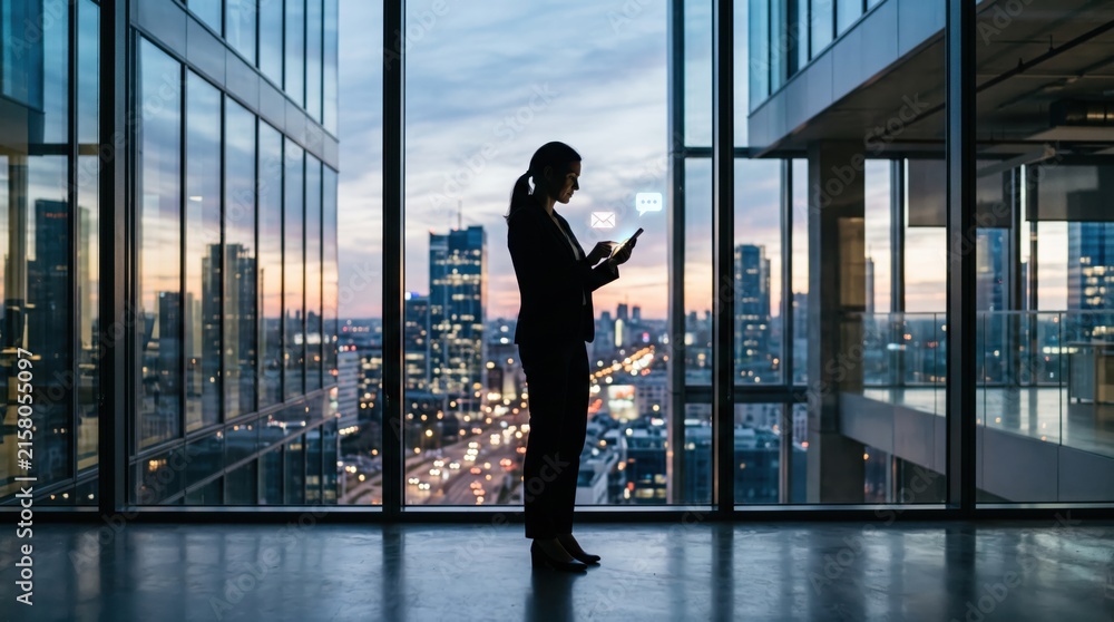 Fototapeta premium Silhouette of businesswoman standing by large window looking at smartphone, modern office interior with city skyline view at dusk, urban lifestyle and corporate communication